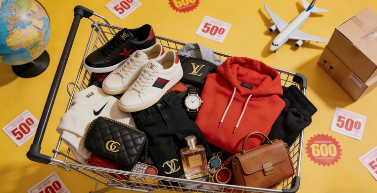 Produtos de marca num carrinho — Gucci, Nike, LV